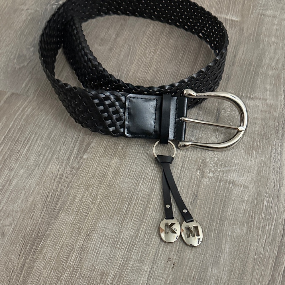 MICHAEL Michael Kors Black Woven Belt with Silver Buckle